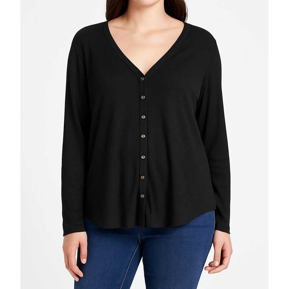 A.N.A A New Approach Women’s Black Long‎ Sleeve Button Front V-Neck Shirt Size M